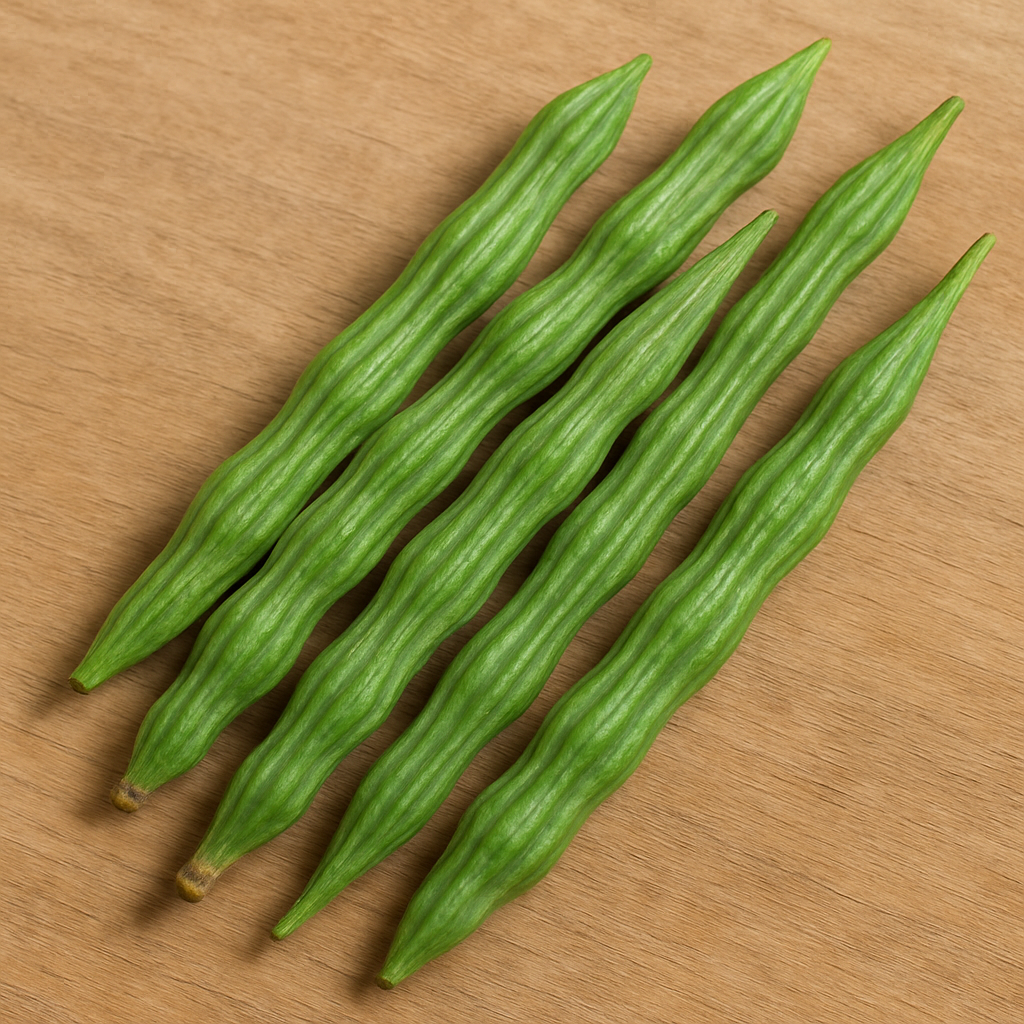 Fresh moringa drumsticks pods from Shigruvedas organic farm Rajasthan - perfect for Indian cooking, rich in fiber
